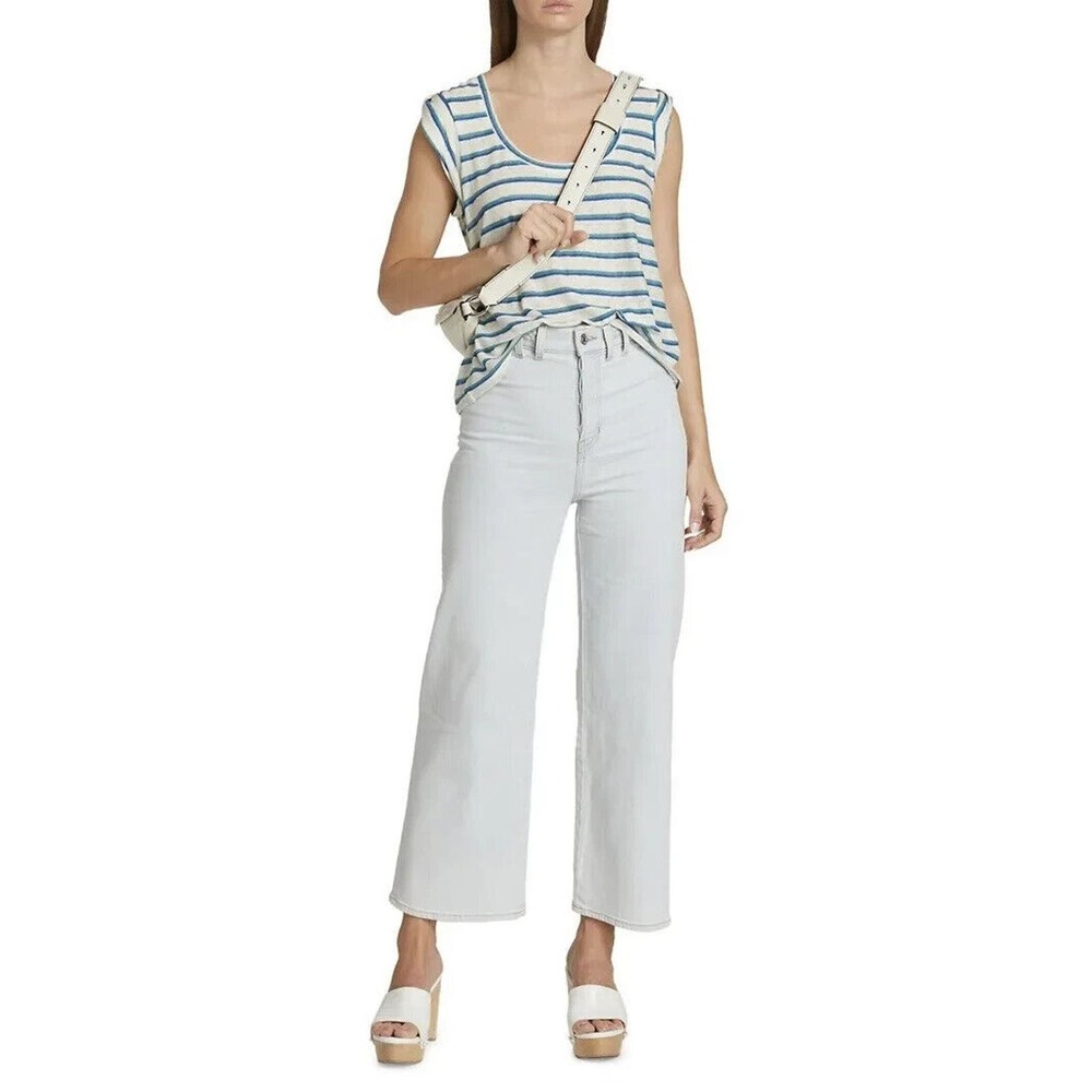 Veronica Beard Shirt Womens Size L Arion Striped Linen Muscle Tee Green Blue